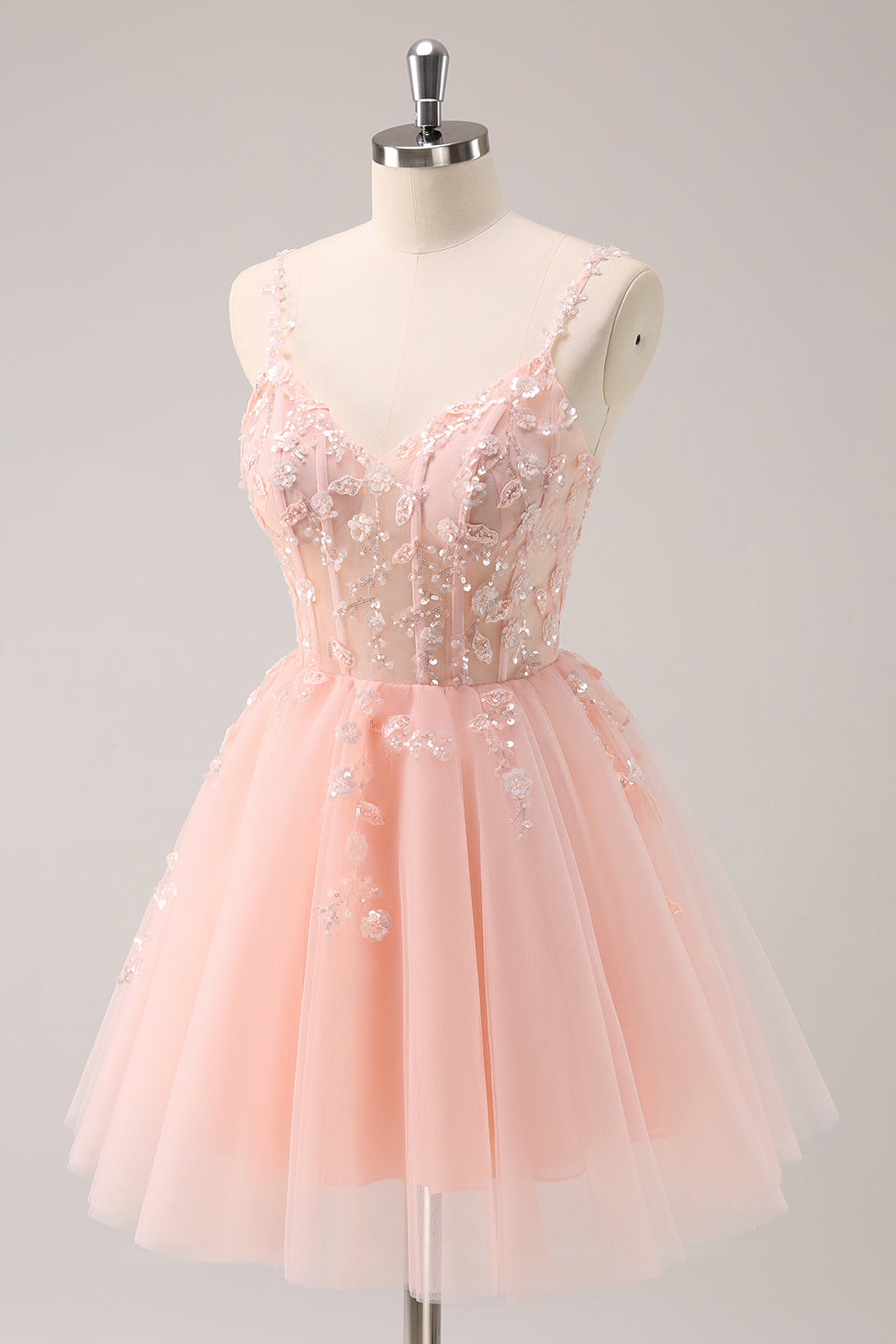 Sparkly Blush Floral Corset A-Line Short Homecoming Dress