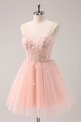 Sparkly Blush Floral Corset A-Line Short Homecoming Dress