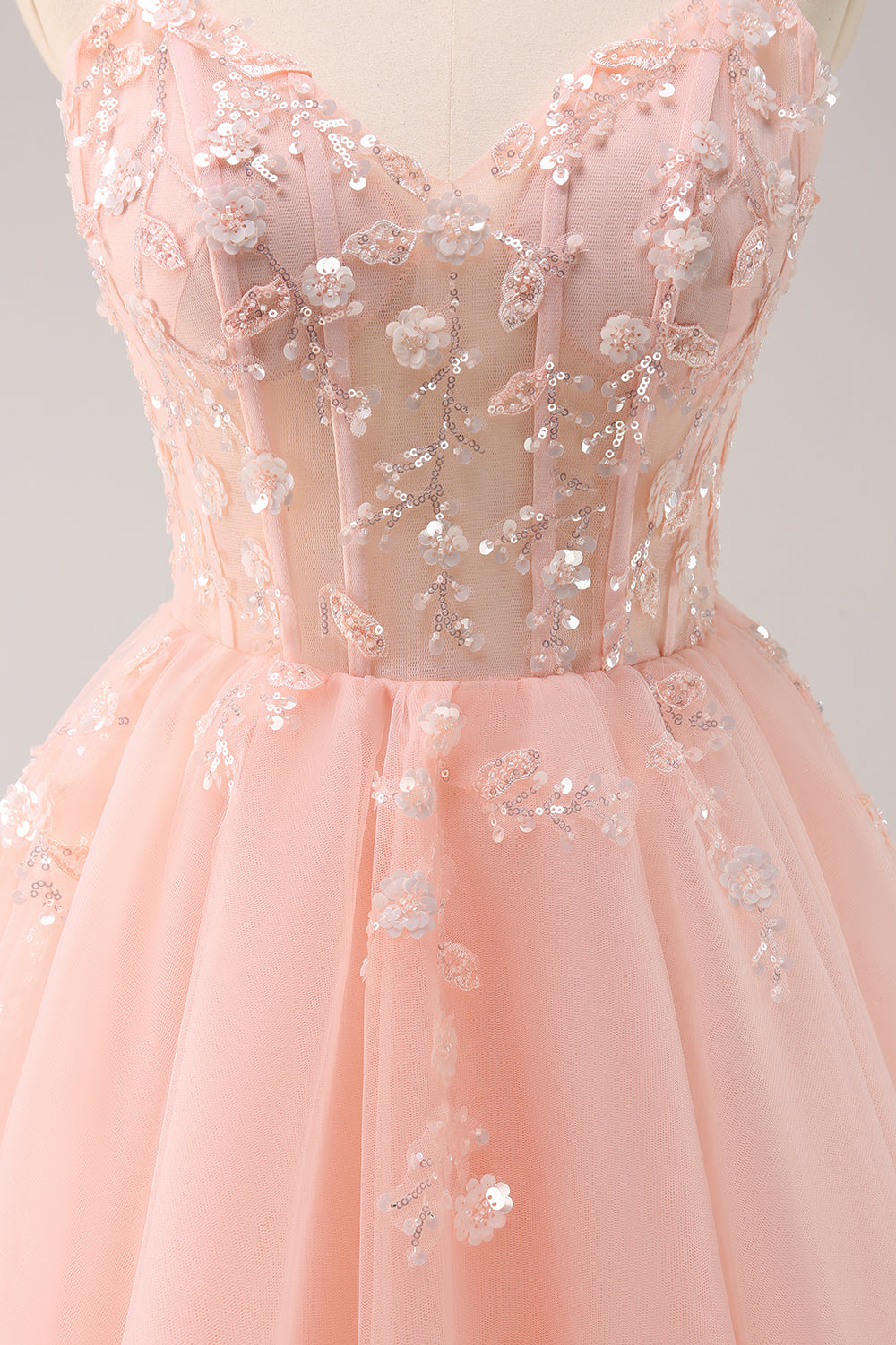 Sparkly Blush Floral Corset A-Line Short Homecoming Dress