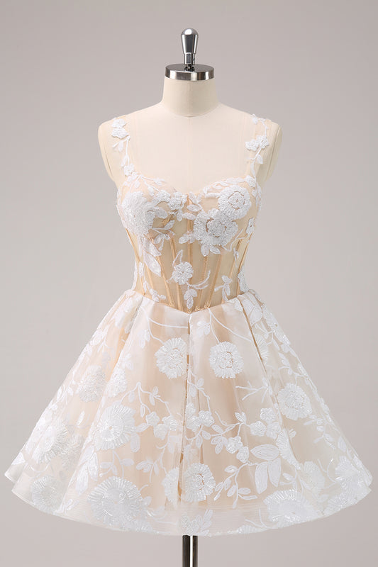 Sparkly White Corset A-Line Floral Short Homecoming Dress