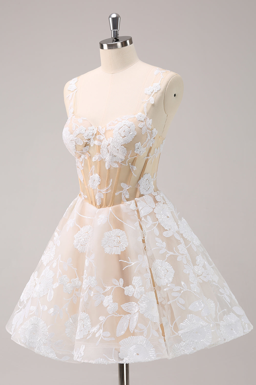 Sparkly White Corset A-Line Floral Short Homecoming Dress