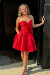 A-Line Red Sweetheart Satin Short Homecoming Dress with Bow