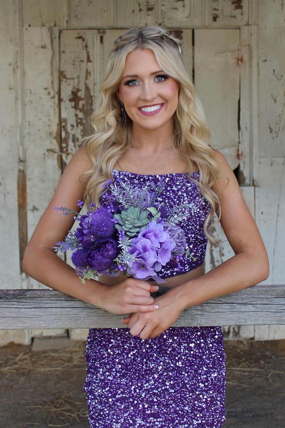 Sparkly Purple Spaghetti Straps Tight 2 Pieces Short Homecoming Dress