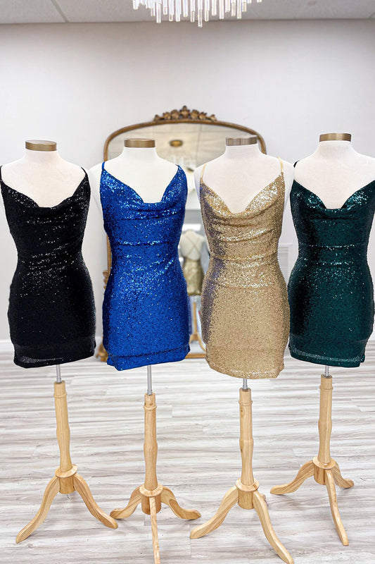 Spaghetti Straps Golden Bodycon Short Homecoming Dress with Sequins 