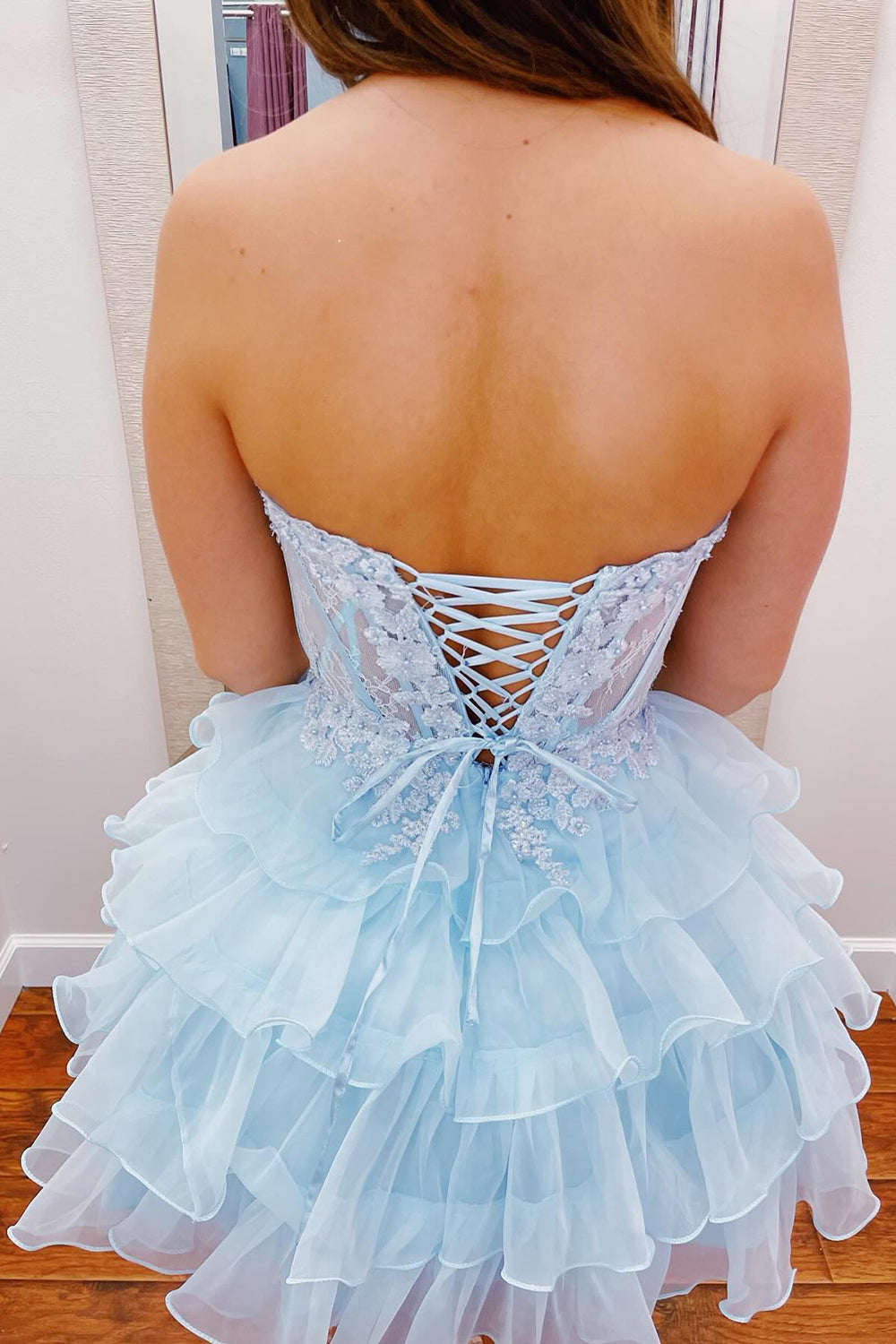 A-Line Light Blue Sweetheart Corset Short Homecoming Dress with Ruffles