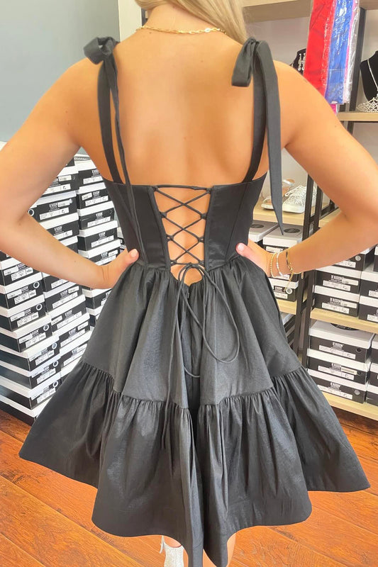 A-Line Black Adjustable Straps Corset Short Homecoming Dress with Ruffles