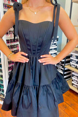 A-Line Black Adjustable Straps Corset Short Homecoming Dress with Ruffles