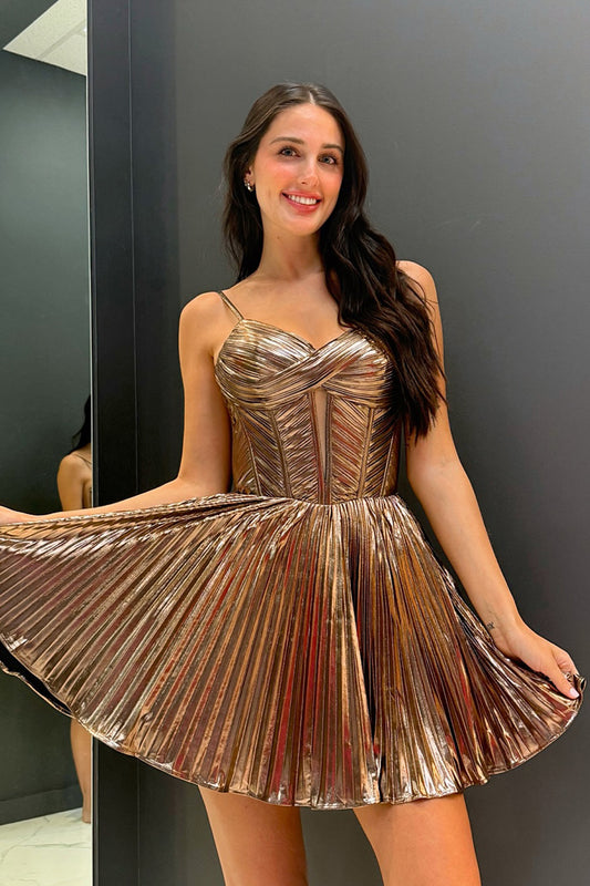 A-Line Brown Spaghetti Straps Metallic Corset Short Homecoming Dress