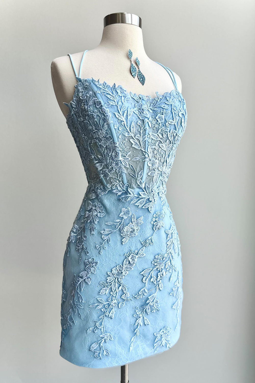 Light Blue Spaghetti Straps Tight Corset Homecoming Dress with Appliques