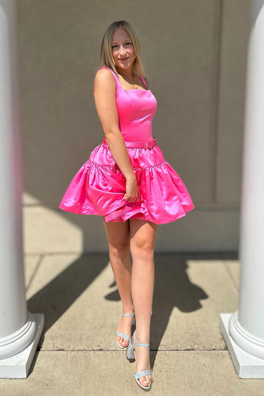 A-Line Pink Square Neck Ruffles Short Homecoming Dress with Belt