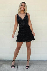 A-Line Black V-Neck Tiered Short Homecoming Dress with Lace