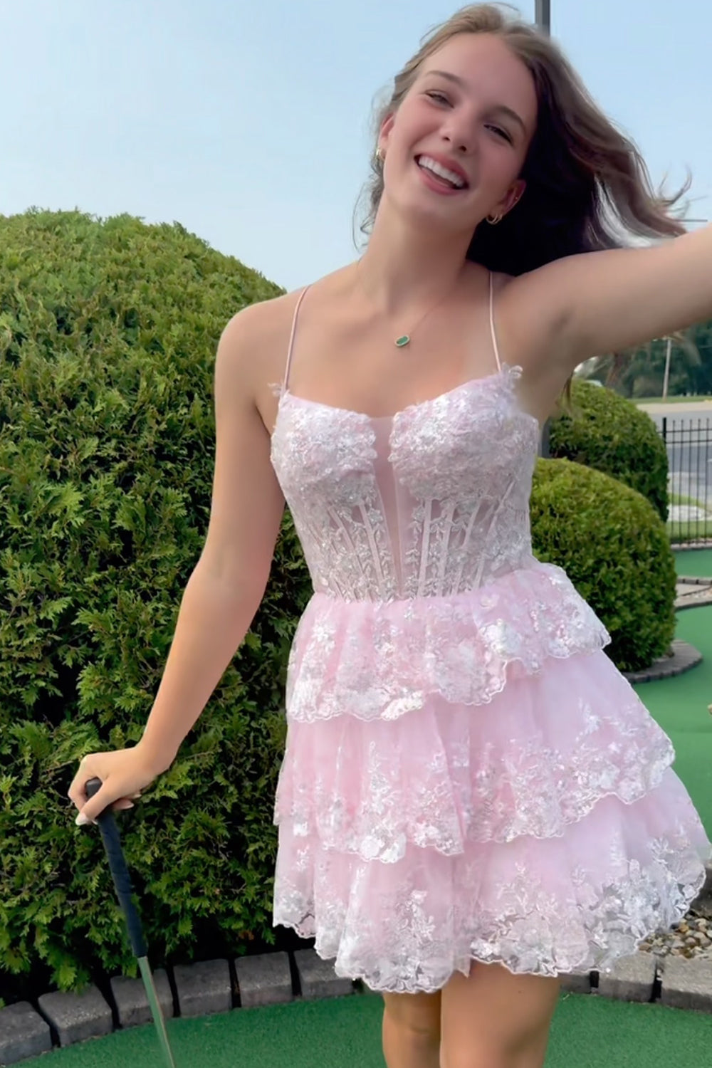 Sparkly A Line Pink Corset Short Homecoming Dress with Lace-Up Back