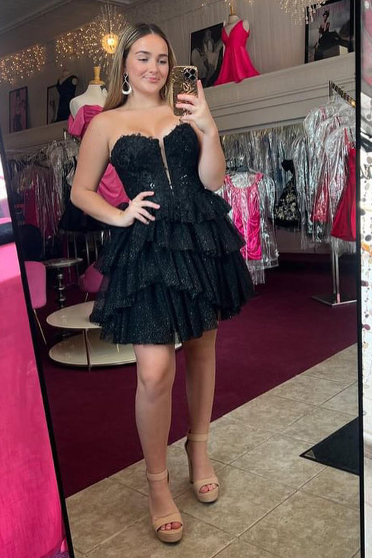 Sparkly A-Line Black Strapless Short Homecoming Dress with Lace