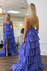 A-Line Purple Spaghetti Straps Ruffled Long Prom Dress with Slit