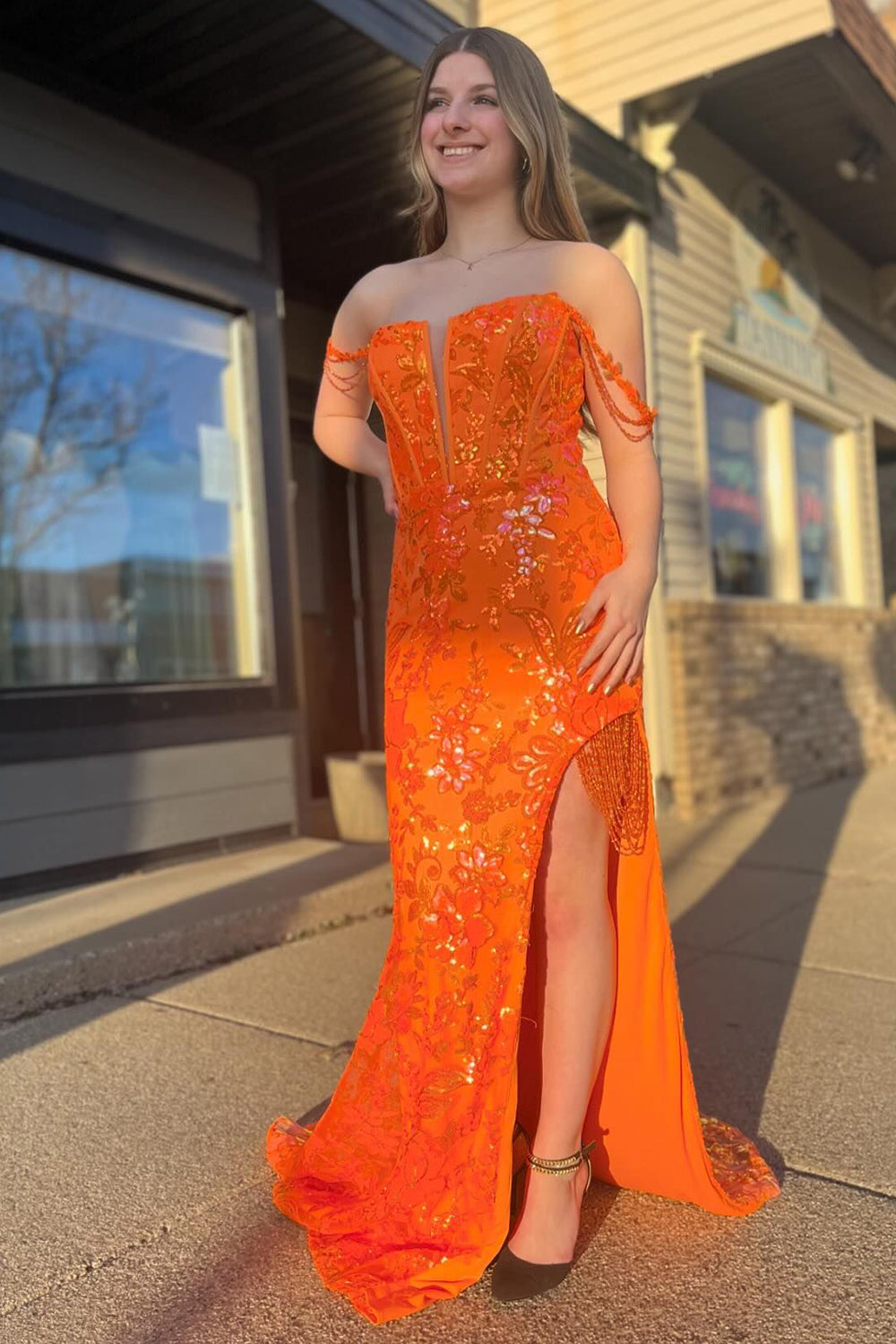 Sparkly Orange Mermaid Off the Shoulder Corset Prom Dress with Slit