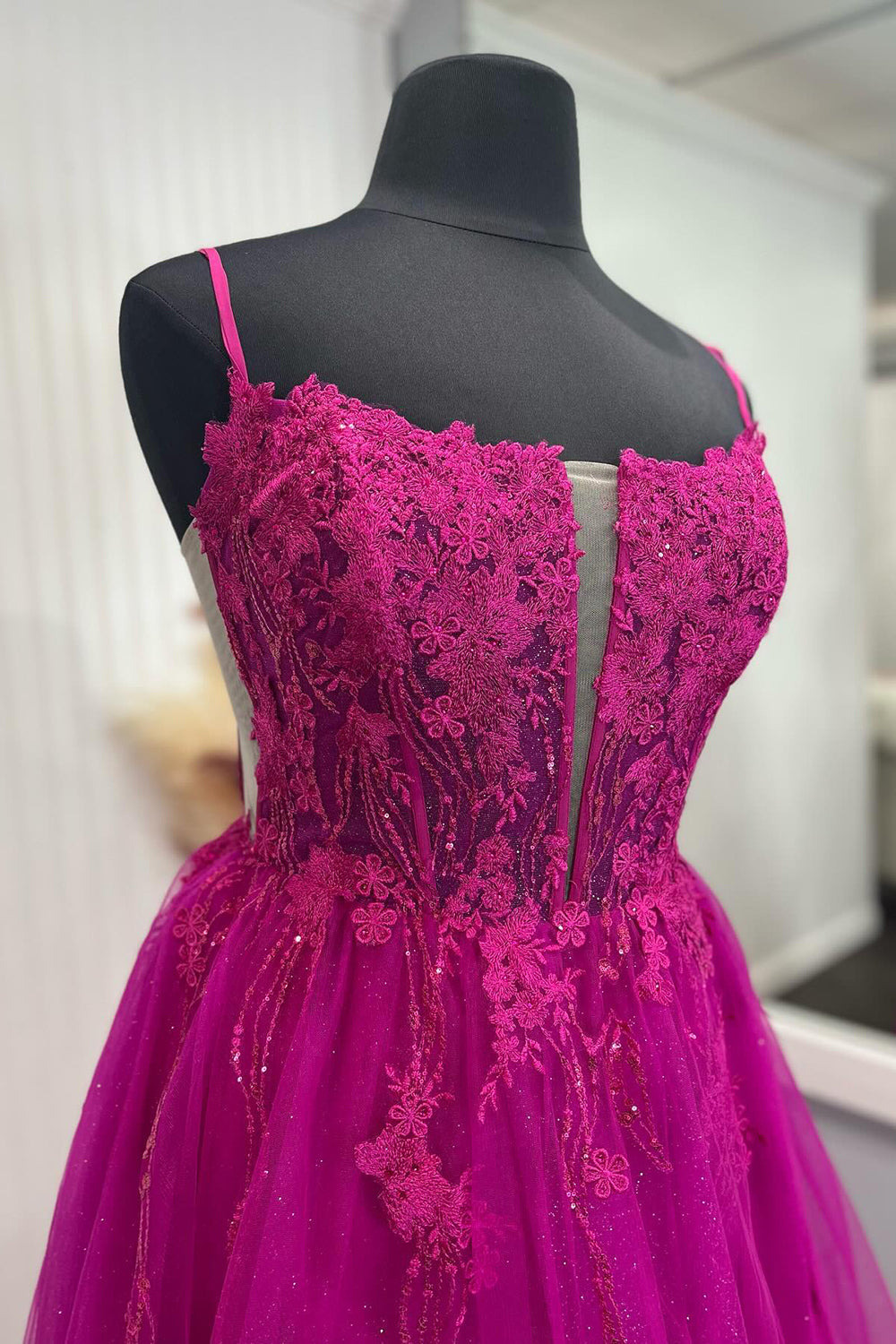 Sparkly Fuchsia A-Line Spaghetti Straps Corset Prom Dress with Appliques