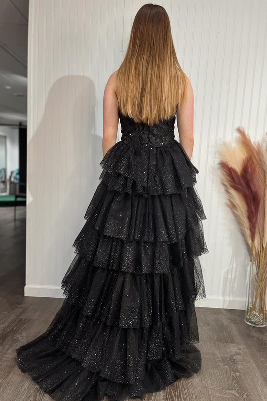 Sparkly A-Line Black Sweetheart Tulle Long Corset Prom Dress with Appliques