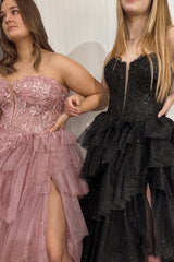 Sparkly A-Line Black Sweetheart Tulle Long Corset Prom Dress with Appliques