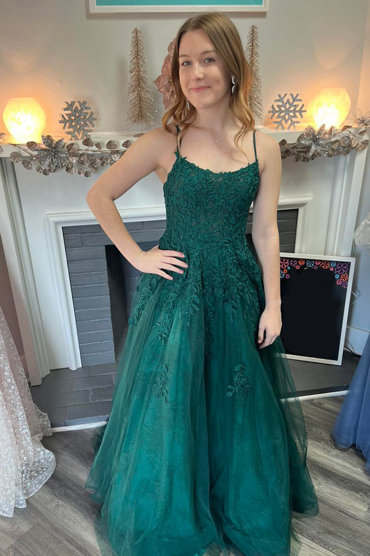 A-Line Dark Green Spaghetti Straps Tulle Long Prom Dress with Appliques