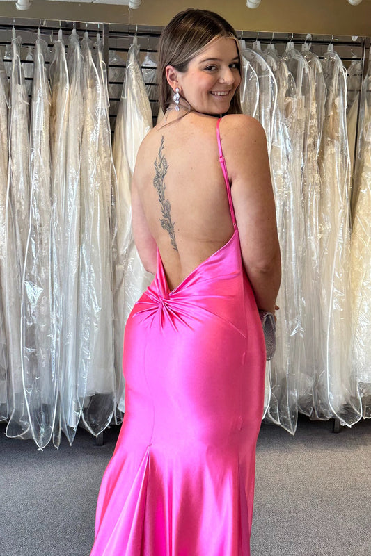 Fuchsia Spaghetti Straps Mermaid Satin Long Prom Dress with Open Back