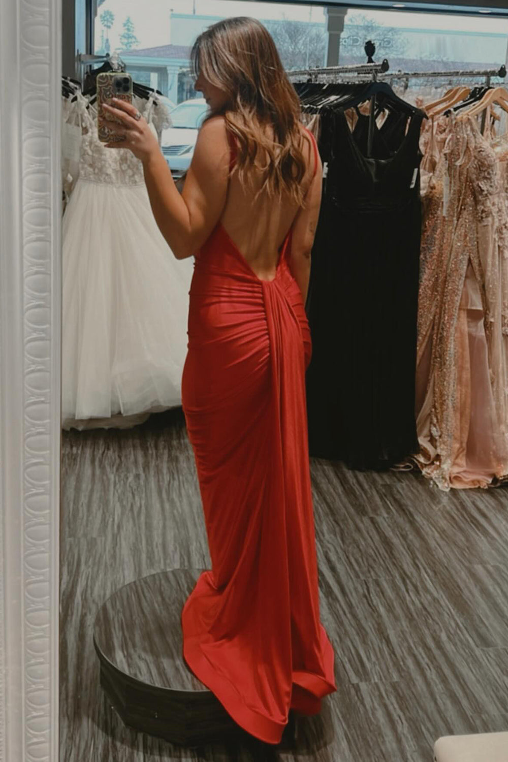 Red Spaghetti Straps Mermaid Satin Long Backless Prom Dress