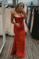 Red Spaghetti Straps Mermaid Satin Long Backless Prom Dress