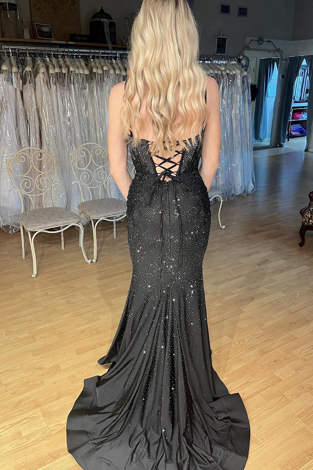 Black Spaghetti Straps Mermaid Long Corset Prom Dress with Beadings