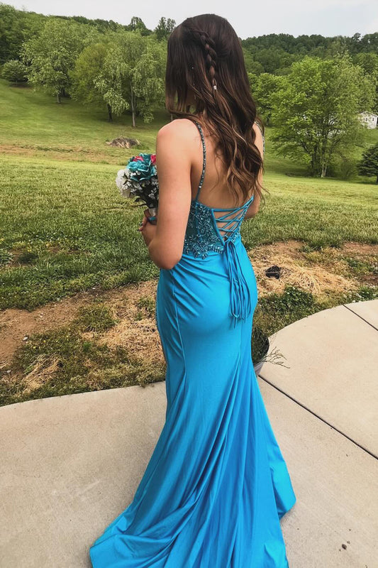 Turquoise Spaghetti Straps Mermaid Long Corset Prom Dress with Slit