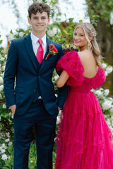 Fuchsia A-Line Square Neck Corset Prom Dress with Puff Sleeves