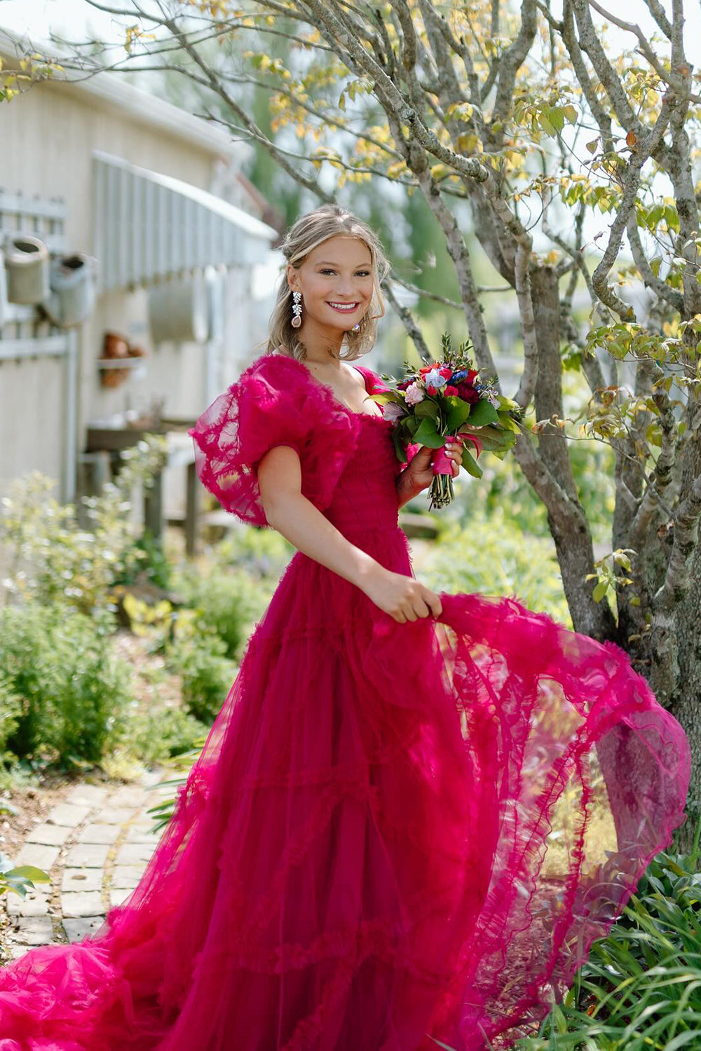 Fuchsia A-Line Square Neck Corset Prom Dress with Puff Sleeves