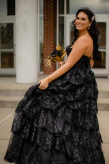 Sparkly A-Line Black Strapless Tulle Tiered Long Corset Prom Dress