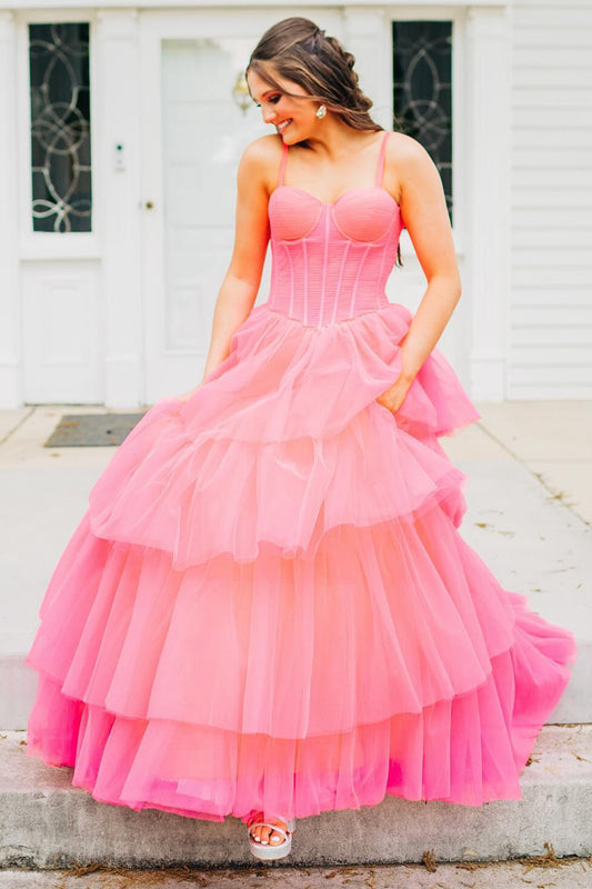 Pink A Line Spaghetti Straps Corset Tulle Long Prom Dress