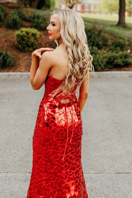 Red Strapless Mermaid Mirror Long Prom Dress with Slit