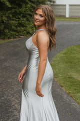 Sparkly Silver Halter Mermaid Hollow Out Long Prom Dress with Slit