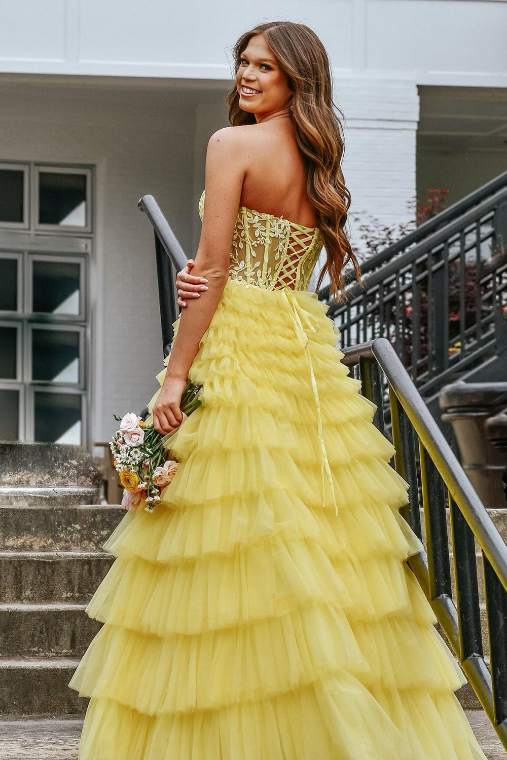 A Line Yellow Strapless Corset Tiered Tulle Prom Dress with Appliques