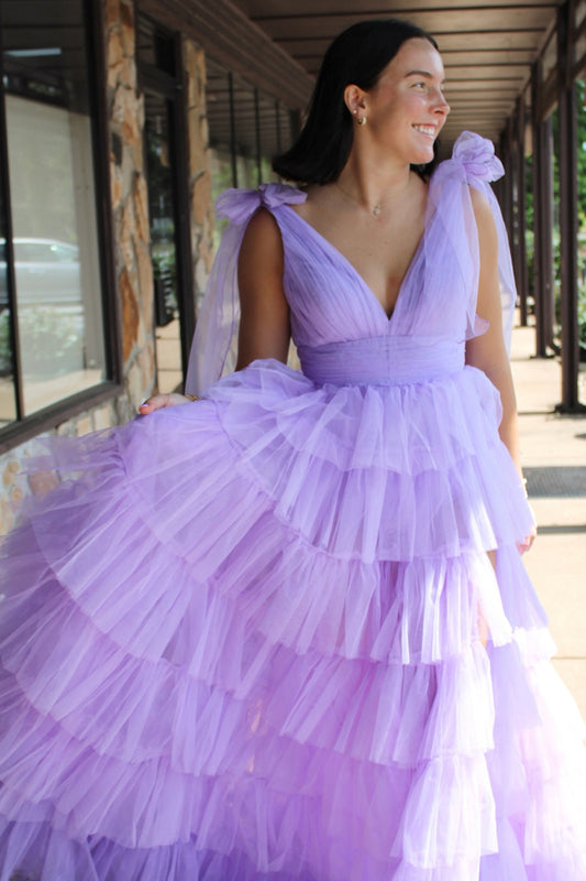 A Line Lilac V-Neck Tiered Tulle Long Prom Dress with Slit