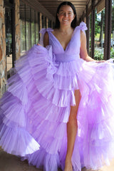 A Line Lilac V-Neck Tiered Tulle Long Prom Dress with Slit