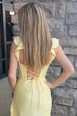 Yellow Mermaid Corset Asymmetrical Prom Dress with Ruffles