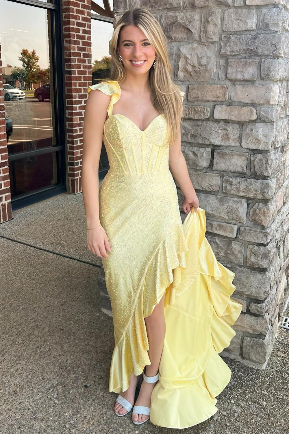 Yellow Mermaid Corset Asymmetrical Prom Dress with Ruffles