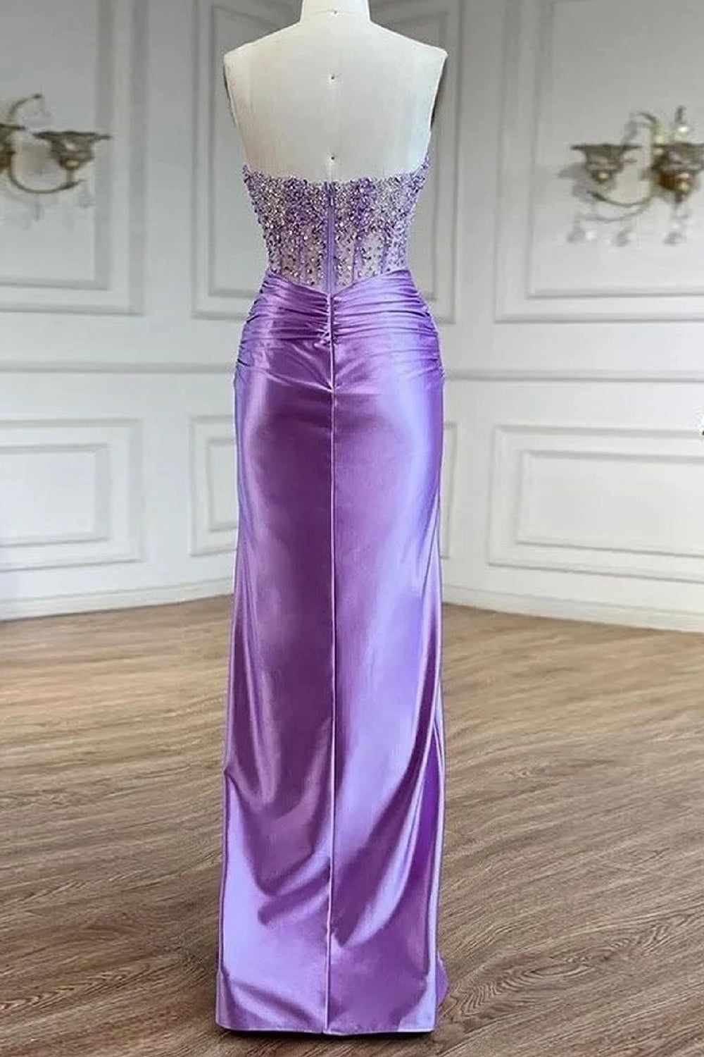 Sparkly Purple Strapless Mermaid Corset Long Prom Dress with Slit