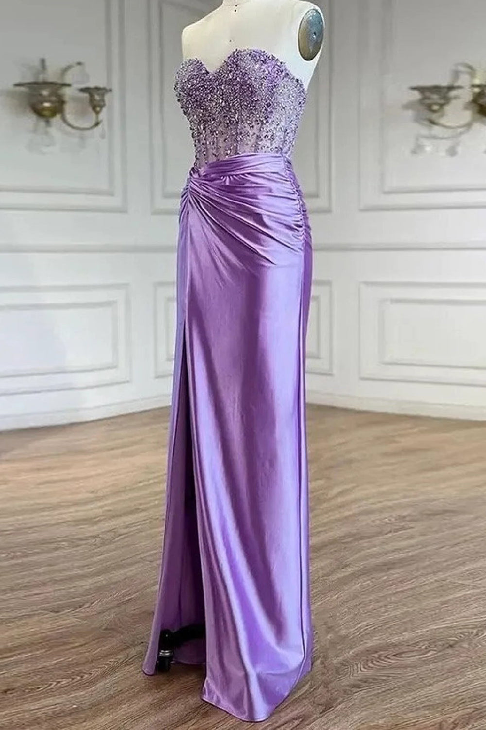 Sparkly Purple Strapless Mermaid Corset Long Prom Dress with Slit