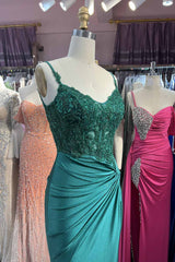 Green Spaghetti Straps Mermaid Satin Prom Dresses with Slit