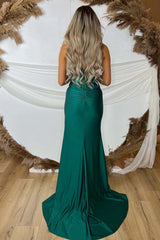 Green Spaghetti Straps Mermaid Satin Prom Dresses with Slit