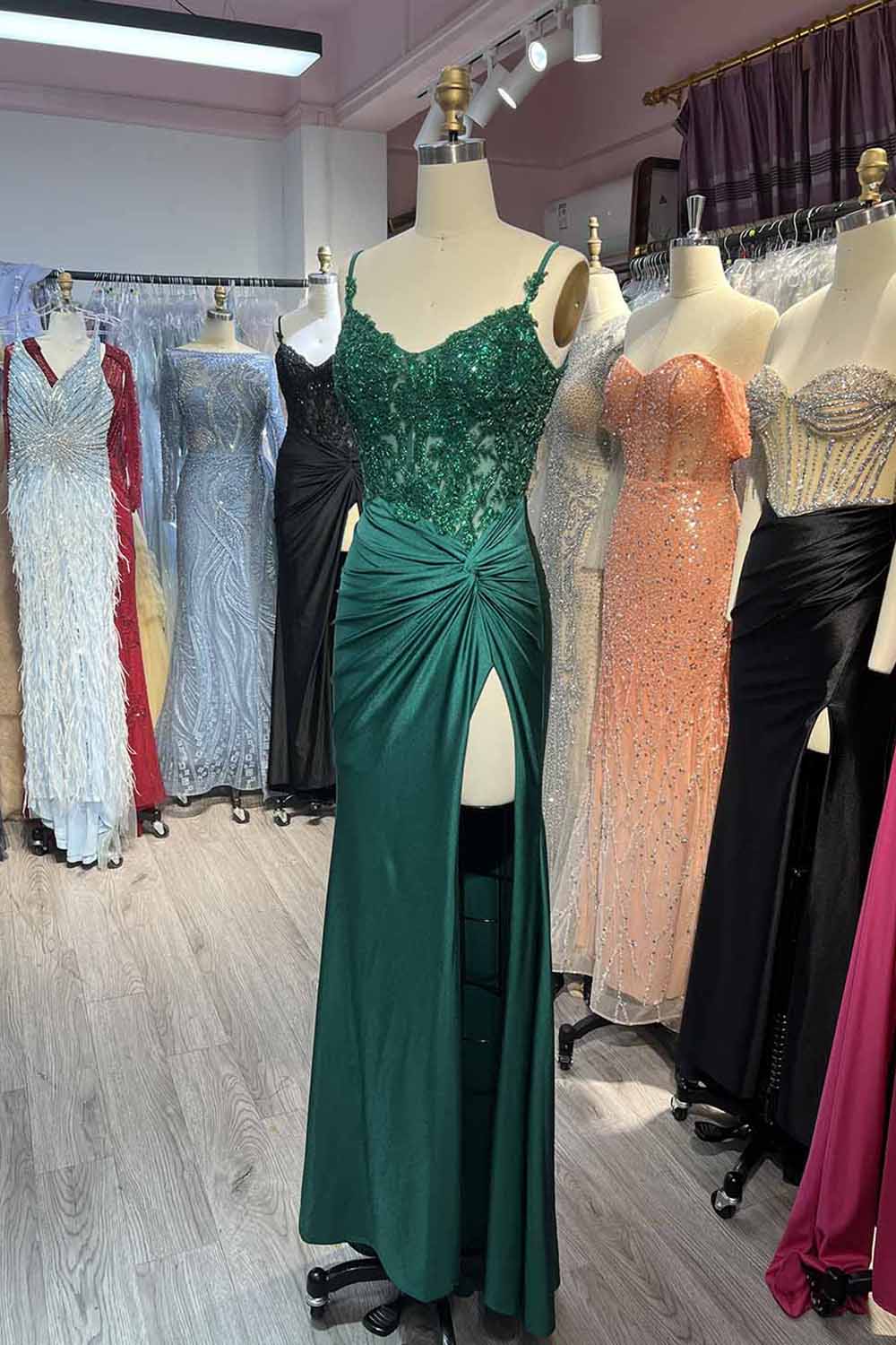 Green Spaghetti Straps Mermaid Satin Prom Dresses with Slit