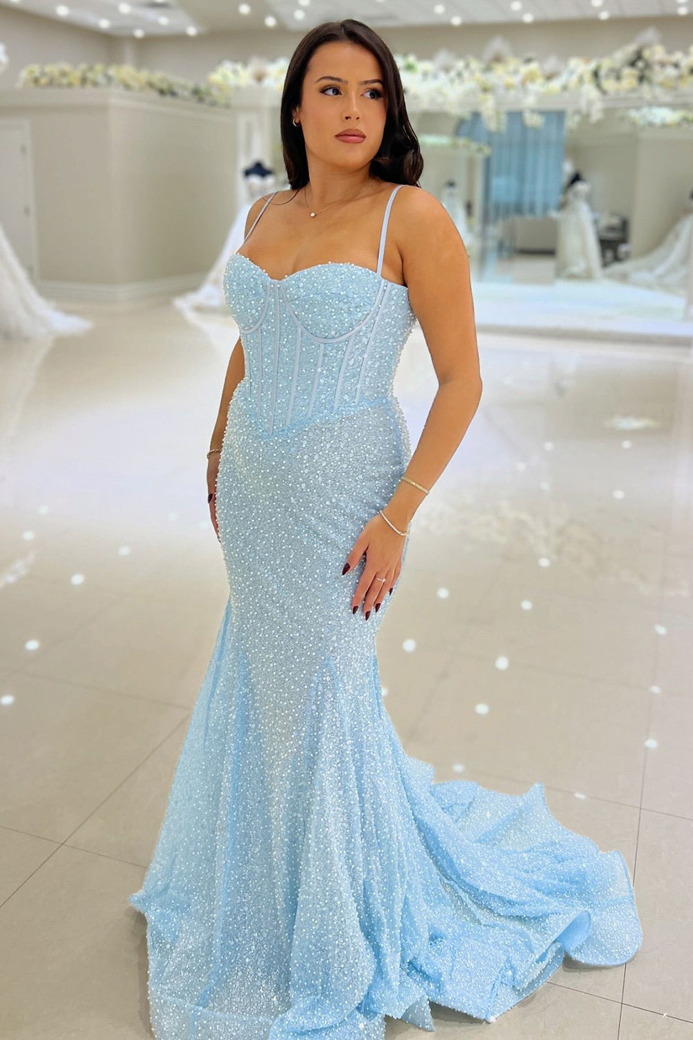 Sparkly Sky Blue Spaghetti Straps Mermaid Corset Long Prom Dress