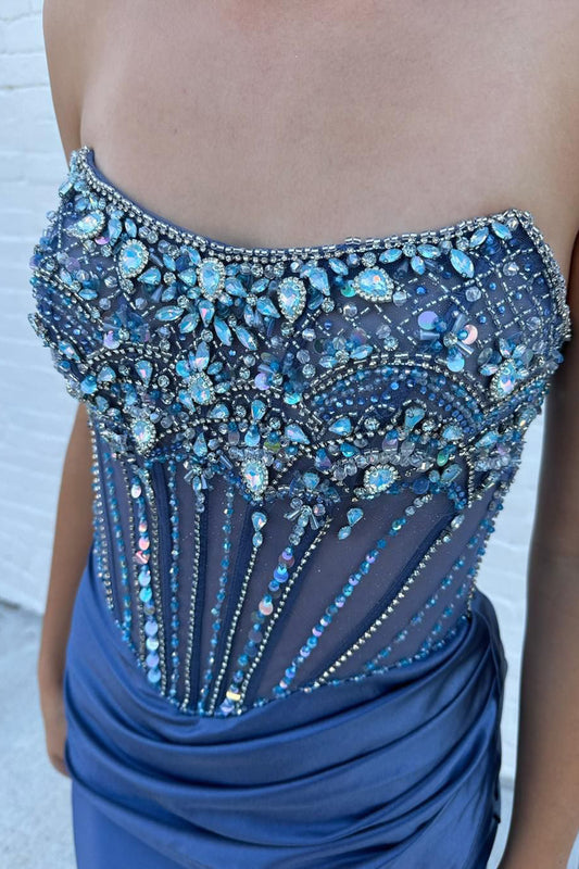 Sparkly Grey Blue Strapless Corset Long Prom Dress with Slit