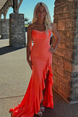 Sparkly Orange Strapless Corset Long Prom Dress with Slit