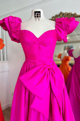 Fuchsia A-Line Long Prom Dress with Puff Sleeves