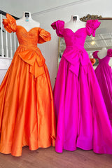 Fuchsia A-Line Long Prom Dress with Puff Sleeves