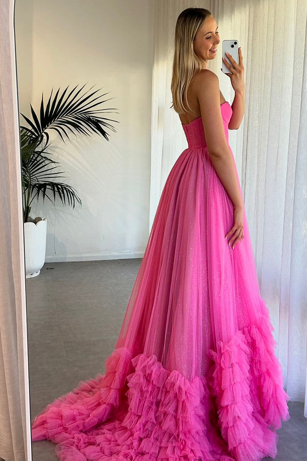 Sparkly Fuchsia A-Line Ruffled Long Prom Dress